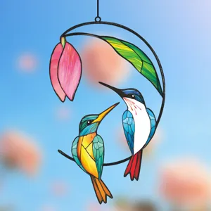 Metal hummingbird stained glass hanging ornament for window wall decor and crafts detail
