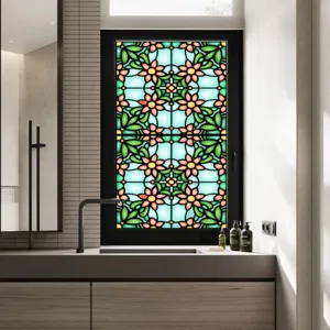 Detail view of retro floral stained glass window film, decorative static cling privacy PVC.