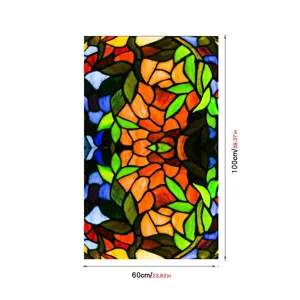 Stained glass window film detail showing colorful vintage mosaic pattern and dimensions.