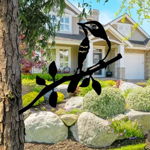 Metal bird tree silhouette art, black iron garden branch decor for outdoor yard fence decoration.