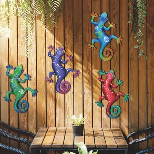 Metal gecko wall art decor outdoor garden fence hanging lizard sculpture multicolored set