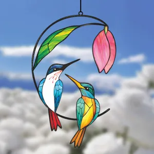 Metal iron double-sided hummingbird wall hanging decor window ornament craft detail.