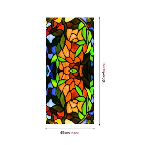 Static cling window film detail showing vintage floral stained glass pattern and dimensions.