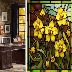 PVC stained glass window film with yellow daffodil floral pattern, static cling removable glass sticker.