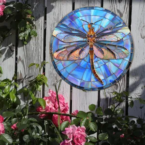 Decoración de pared de libélula de metal, vidrio mosaico azul para jardín y patio.
