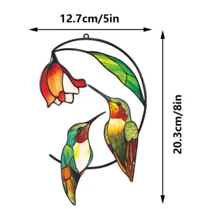 Metal hummingbird wall decor hanging ornament stained glass style flower window art piece size