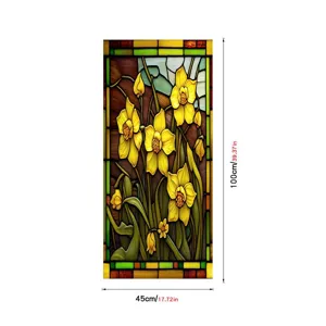 Stained glass window film with yellow floral daffodil pattern, static cling PVC sticker.