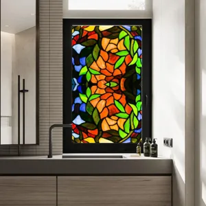 Stained glass window film with colorful retro floral pattern, static cling PVC design.
