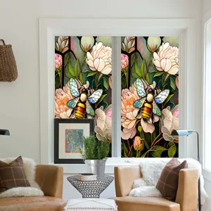 Colorful peony flower and bee stained glass window film, static cling PVC sticker for home decor