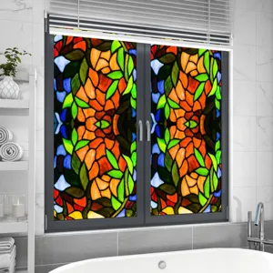 Decorative stained glass window film, colorful retro floral privacy PVC static cling film.