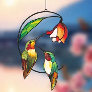 Stained glass hummingbird window hanging, metal dual-sided bird suncatcher decor.