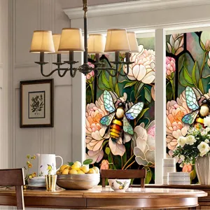 Decorative stained glass window film featuring vibrant flowers and bees, static cling design.