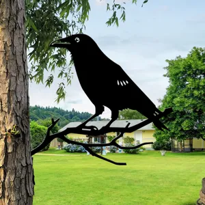 Black metal crow branch garden stake silhouette tree art outdoor yard lawn decoration detail