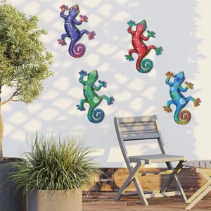 Metal gecko wall art set, colorful outdoor garden fence hanging decor, home room decoration.