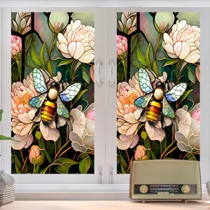 Stained glass window film with vibrant flowers and bee design, static cling PVC film for home decor.