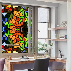 Stained glass window film with colorful vintage floral pattern for home decor detail.