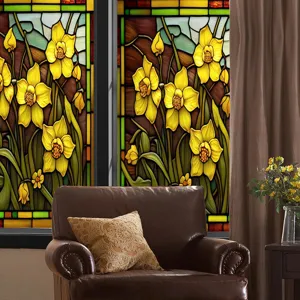 Stained glass window film with vibrant yellow floral pattern for privacy and home decor.