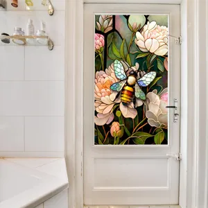 Close-up detail of the decorative stained glass window film showcasing vibrant floral art.