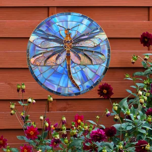 Exquisita placa de arte de pared de mosaico de libélula redonda, detalle de jardín.