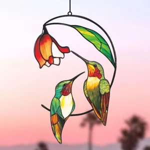 Stained glass hummingbird hanging ornament, metal frame detail showing dual birds and flower.