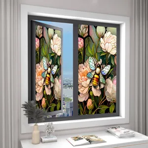 Stained glass window film with colorful flowers and bees, static cling PVC removable design.