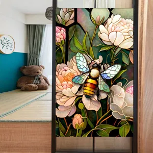 Colorful flower bee stained glass window film static cling PVC removable privacy sticker