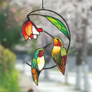 Stained glass hummingbird window hanging metal double-sided wall decor ornament craft