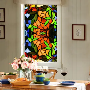 Stained glass window film colorful floral static cling vinyl privacy decorative sticker.