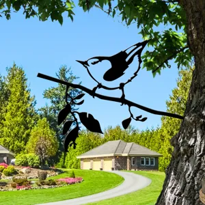 Metal bird tree silhouette garden art stake black outdoor yard decoration ornament