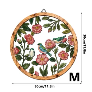 Round wooden frame wall hanging decor with beautiful floral and bird metal art design 30cm