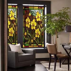 Stained glass window film featuring yellow daffodil floral design, static cling PVC privacy sticker.