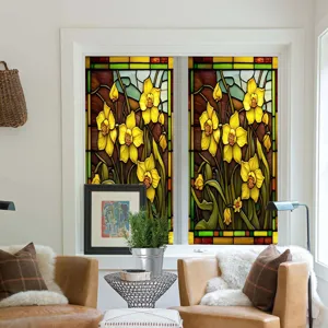 Stained glass window film with yellow daffodil floral pattern, static cling privacy film.