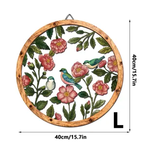 Wooden metal wall art hanging circular floral bird decorative plaque home decor 40cm