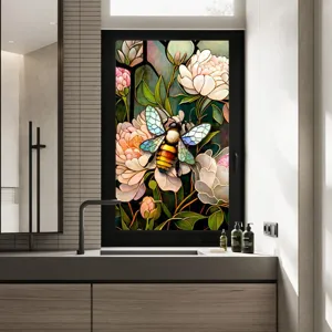 Stained glass window film with colorful flower bee pattern, static cling removable PVC sticker.
