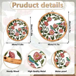 Floral bird metal wall hanging decor wooden frame round wall art for home decoration