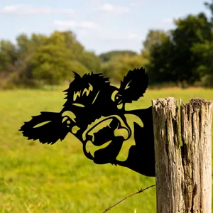 Metal cow garden stake peeking fence silhouette iron art outdoor lawn yard decoration