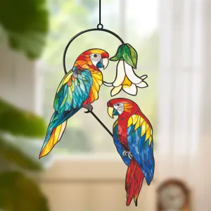 Stained glass parrot window hanging suncatcher double macaw metal frame home decor ornament