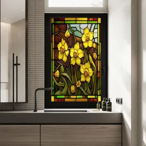 Stained glass window film with vibrant daffodil flower design, removable static PVC cling.