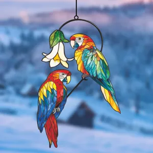 Stained glass parrot hanging ornament double birds and flower metal window wall decor art piece