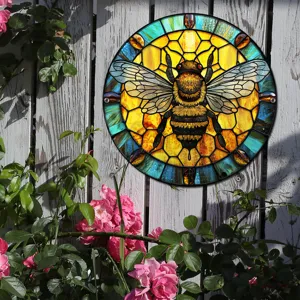 Placa colgante de abeja de vidriera redonda metal jardín exterior patio decoración pared