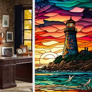 Stained glass window film sunset lighthouse static PVC window sticker for home decor privacy