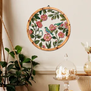 Wooden iron wall hanging decor featuring vintage floral and bird illustration for home.