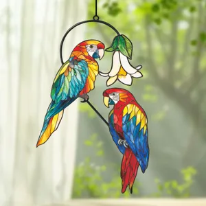 Stained glass parrot window hanging suncatcher metal double-sided bird decor ornament detail