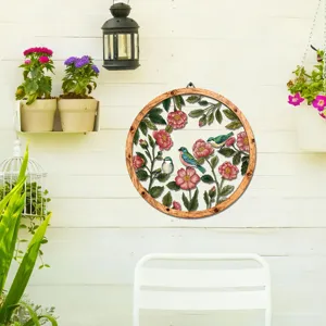 Round wooden frame metal wall art with cute birds and flowers, perfect for home wall decor.