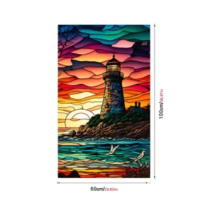 Colorful stained glass lighthouse window film, static cling PVC privacy glass sticker.