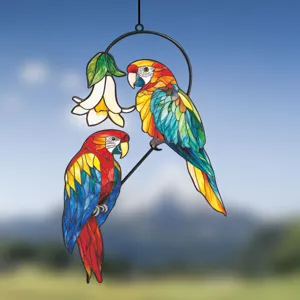 Stained glass parrot window hanging double macaw suncatcher with flower home decor