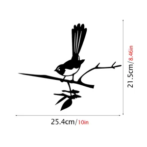 Metal bird garden stake detail showing precise dimensions and silhouette design art.