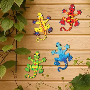 Colorful metal gecko wall art set of four, perfect for outdoor garden fence and home decor.