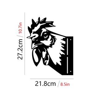 Metal rooster garden stake detail view showing dimensions, black silhouette outdoor decor.
