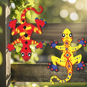 Metal gecko wall art detail, colorful lizard hanging decor for outdoor garden fence.
